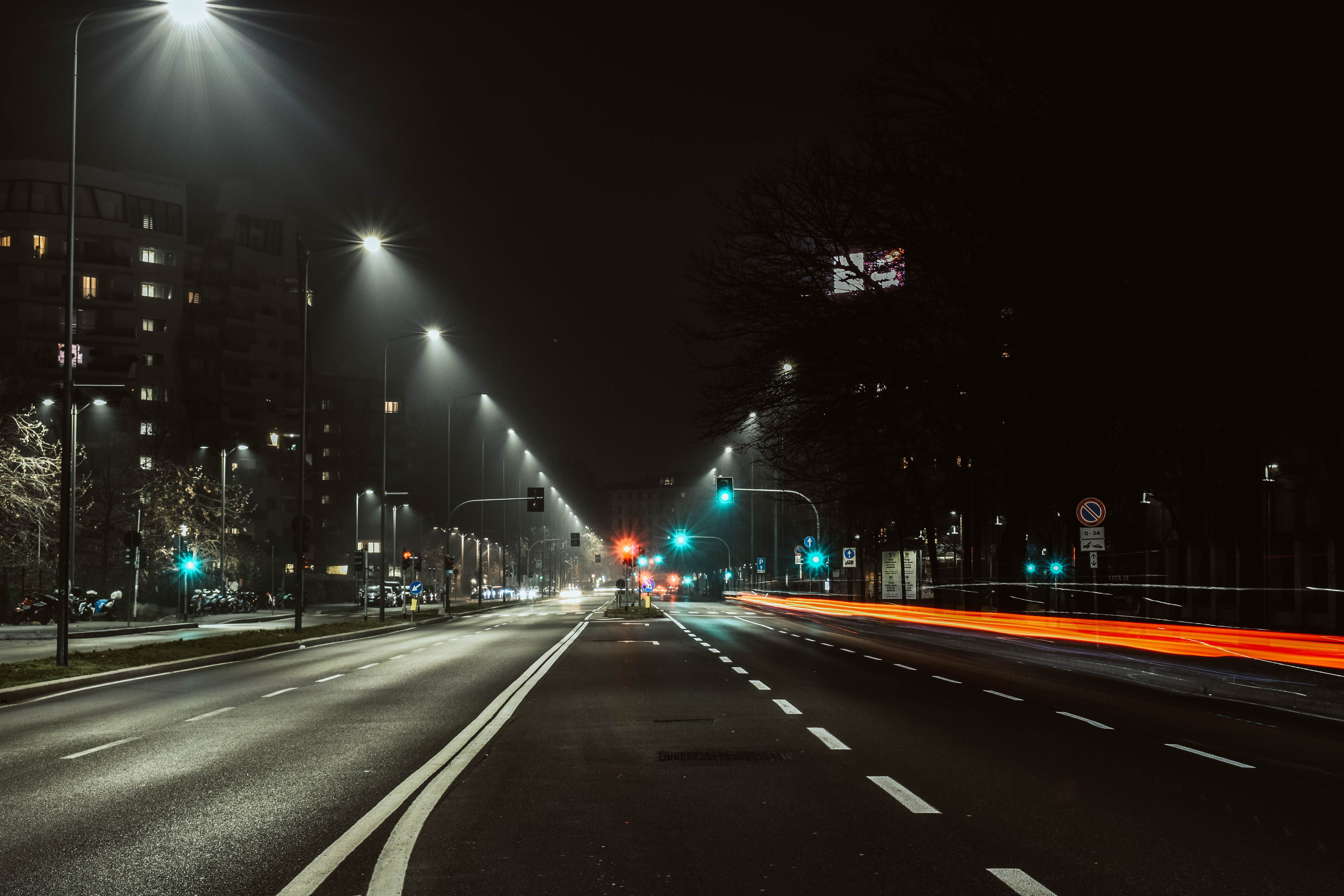 Light trails on a road at night